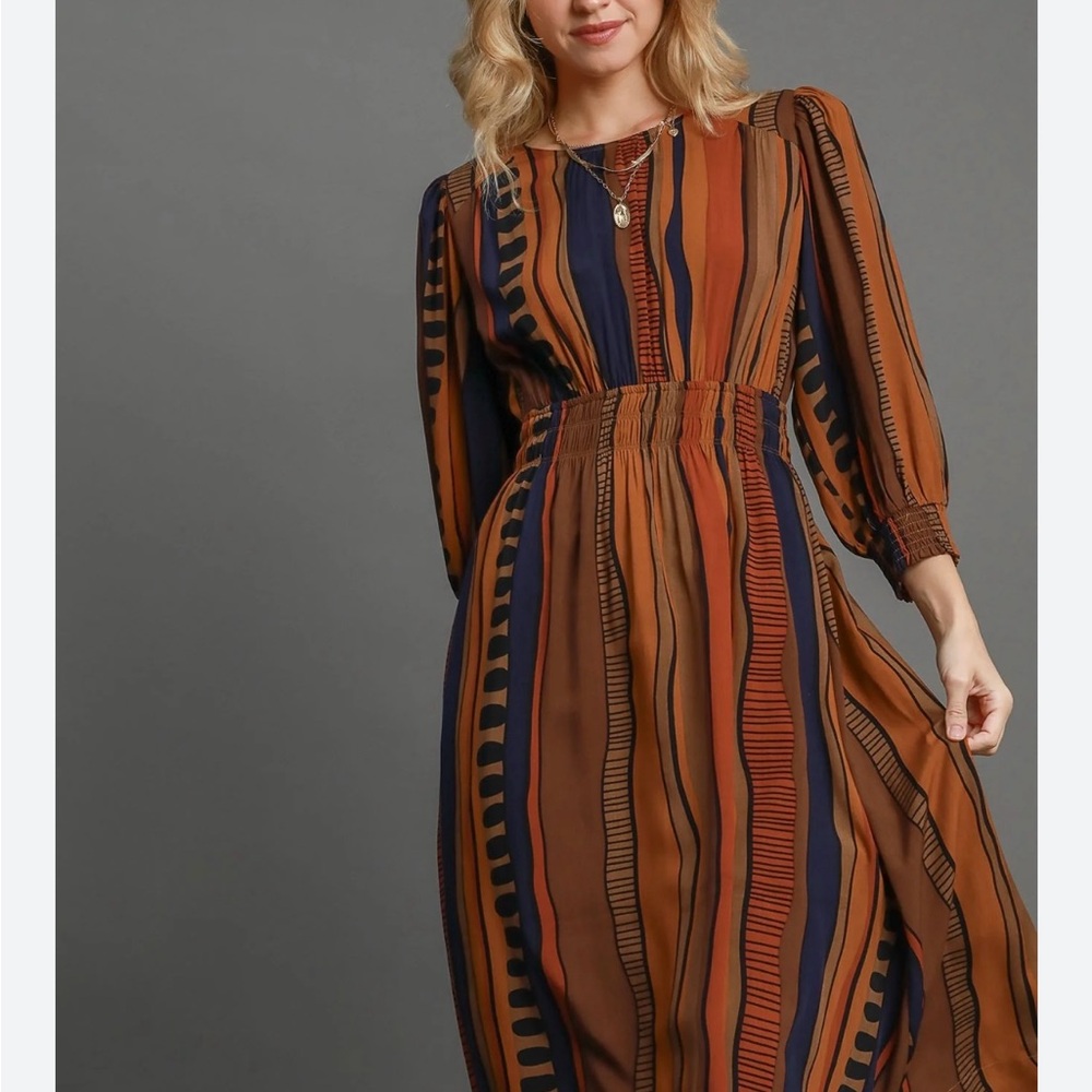 Umgee Brown and Orange Striped Long Sleeve Dress